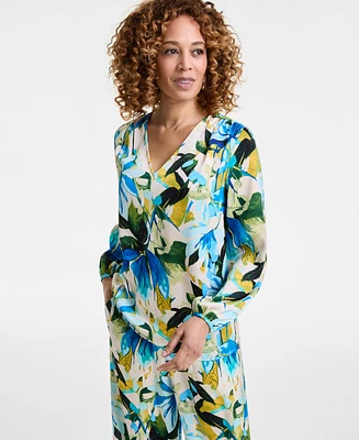 Jm Collection Women's Printed Satin V-Neck Long-Sleeve Top, Exclusively at Macy's