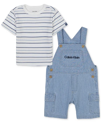 Calvin Klein Baby 2-Pc. Set Striped T-Shirt & Denim Cargo Shortall