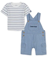 Calvin Klein Baby 2-Pc. Set Striped T-Shirt & Denim Cargo Shortall