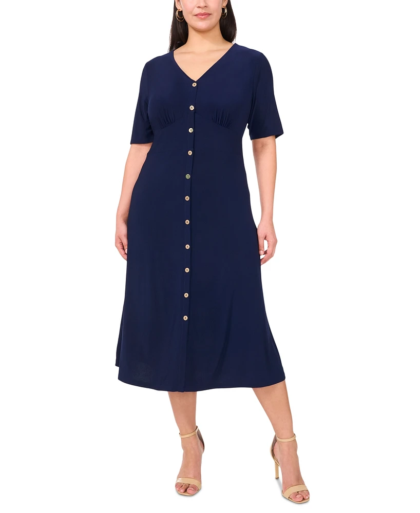 Msk Plus V-Neck Button Short-Sleeve Midi Dress