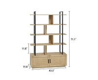 5 Tier Rattan Bookshelf with Storage Cabinet & Door, 71.1 Inch Tall Industrial Book Shelf with Open Display Shelves, 5 Shelf Bookcase with Metal Frame