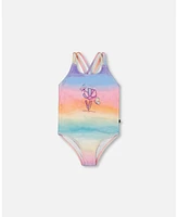 Deux par Girls Printed One-Piece Swimsuit Flowers On Multicolored Background