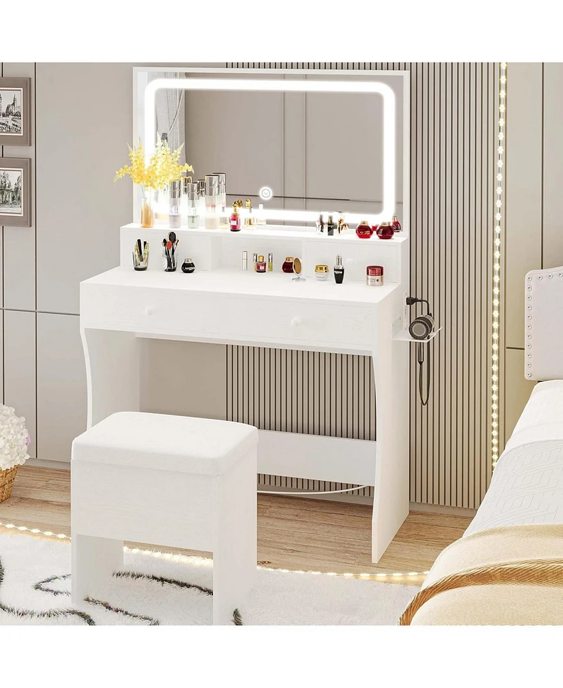 Vanity Desk with Led Lighted Mirror & Power Outlet & 4 Drawers