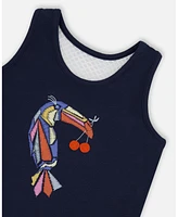 Deux par Big Girls Organic Cotton Tank Top Navy Blue And Toucan