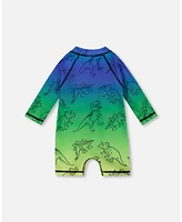 Deux par Boy Printed Long Sleeve One-Piece Rashguard Vibrant Blue And Green Dino - Toddler|Child