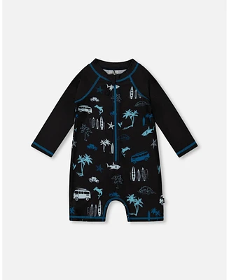 Deux par Boys Printed Long Sleeve Rashguard Light Blue Beach On Black