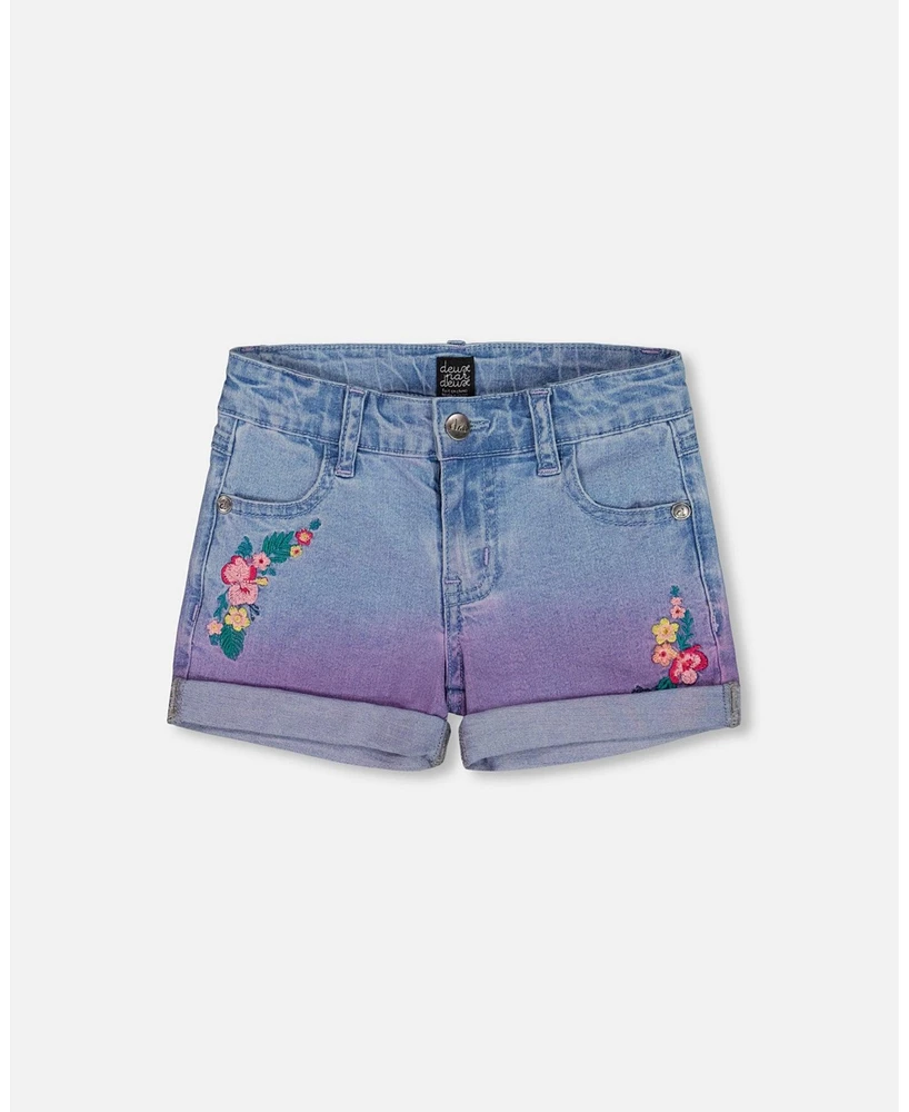 Deux par Toddler Girls Cuffed Denim Shorts With Embroidery Floral Jeans Blue - Toddler|Child