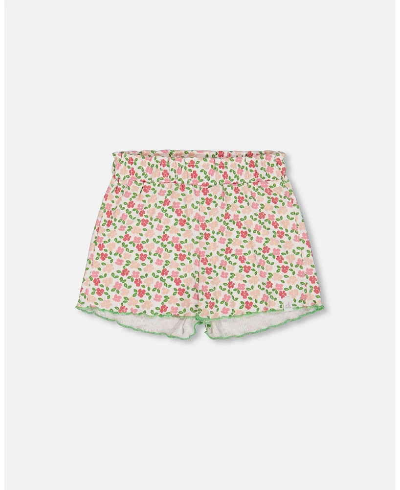 Deux par Big Girls Printed Ribbed Short Small Flowers On White Background