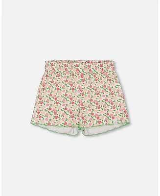 Deux par Big Girls Printed Ribbed Short Small Flowers On White Background