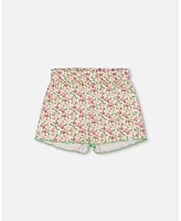 Deux par Big Girls Printed Ribbed Short Small Flowers On White Background