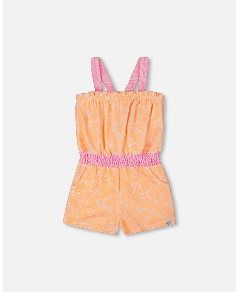 Deux par Big Girls Printed Terry Cloth Romper Vibrant Orange And White