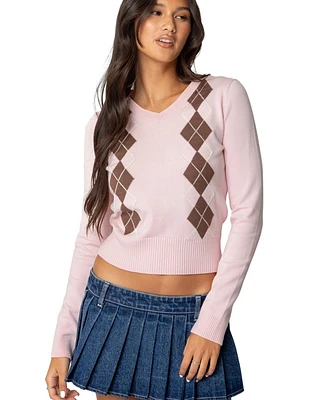 Edikted Women's Argyle V Neck Knit Sweater