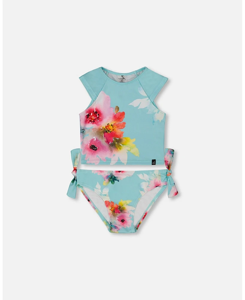 Deux par Girl Printed Two-Piece Swimsuit Turquoise And Pink Flowers - Toddler|Child