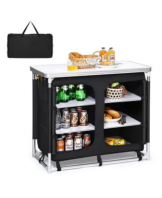 Portable Camping Kitchen Table with Storage Shelves