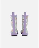 Deux par Little Girls Printed Rain Boots Small White Flowers On Turquoise And Lilac