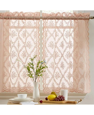 Hlc.me Isabella Floral Rod Pocket Lace Semi Sheer Voile Short Cafe Tiers for Small Windows - 28 x 36 Inch Length (Blush Pink Tiers, Set of 2)