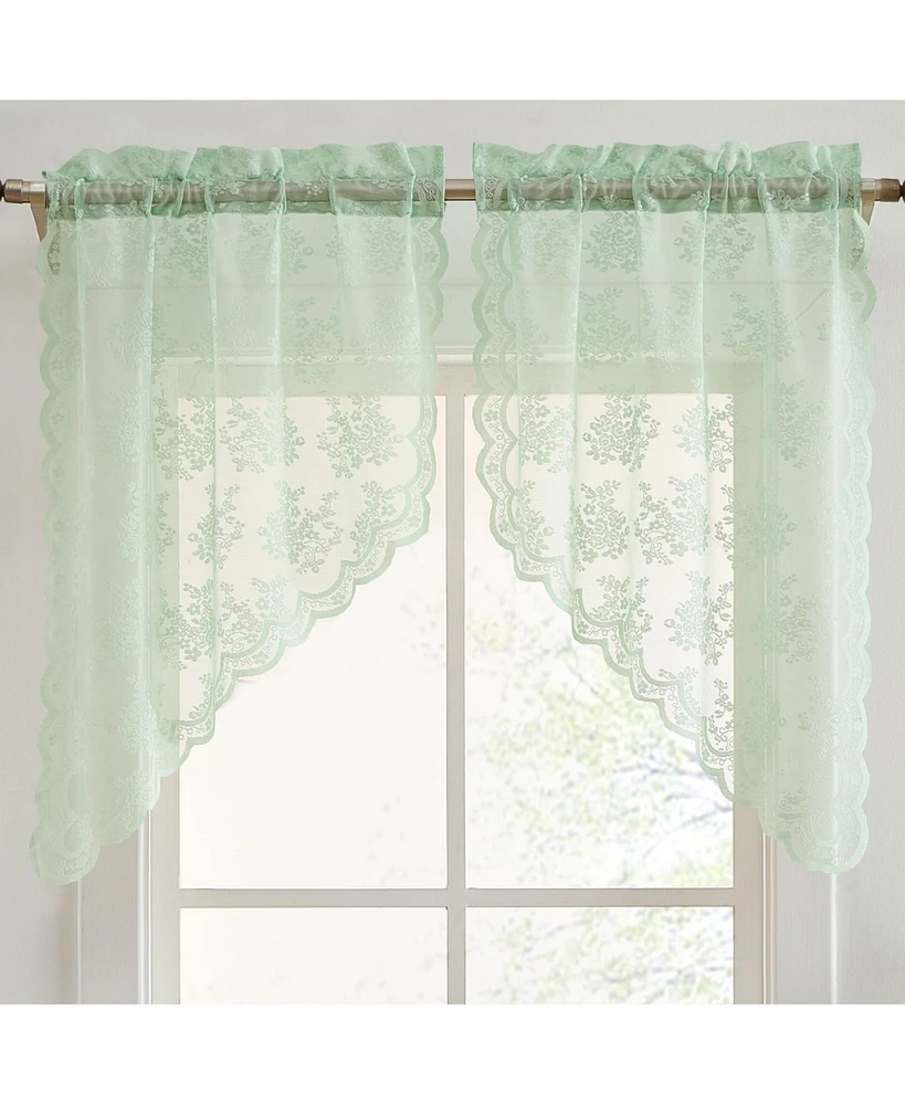 Hlc.me Jolene Floral Rod Pocket Lace Short Cafe Swags for Small Windows - 28 x 36 Inch Length (Seafoam Green Swags, Set of 2)