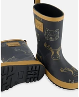 Deux par Little Boys Printed Rain Boots Beige Animals On Black Background