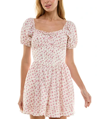 Row A Juniors' Floral Print Cotton Puff-Sleeve Fit & Flare Dress