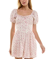 Row A Juniors' Floral Print Cotton Puff-Sleeve Fit & Flare Dress