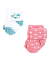 Hudson Baby Girls Cotton Rich Newborn and Terry Socks, Coral Pretty Floral, Months