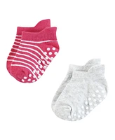 Hudson Baby Infant Girl Non-Skid No-Show Socks, Pink Navy Stripe, Months