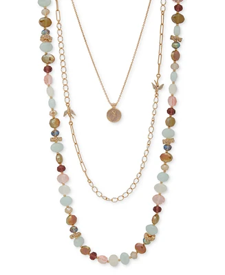 lonna & lilly Gold-Tone Beaded Long Length Three Layer Necklace, 32" + 3" extender