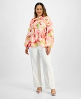 Tahari Asl Plus Floral-Print Tie-Neck Blouse