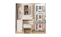 Small Size Left Bedside Cabinet Vanity Table + Cushioned Stool; Stylish and Functional Makeup Station with Led Mirror