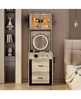 Small Vanity Desk with Mirror and Led Lights – Compact Makeup Table Charging Station, Storage Shelves