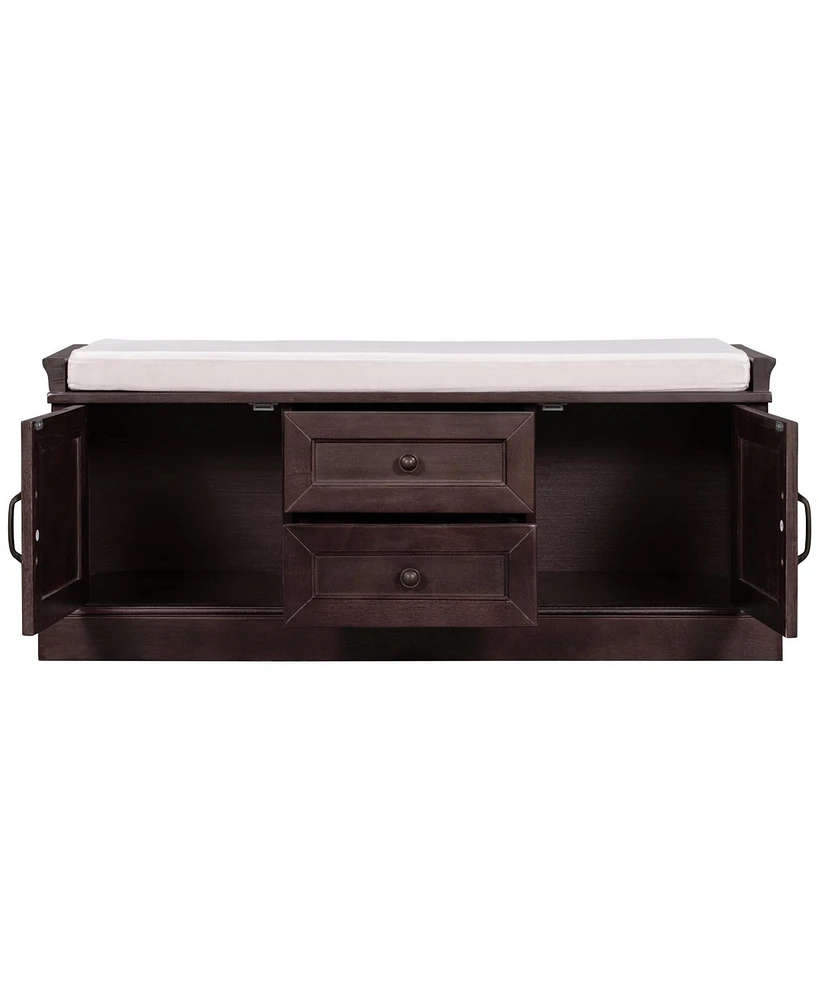 Storage Bench with 2 Drawers and 2 Cabinets, Shoe Bench with Removable Cushion for Living Room, Entryway