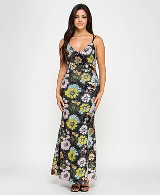 Morgan & Company Juniors' Floral Sequin V-Neck Sleeveless Gown