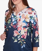 Alfred Dunner Women's Free Spirit Floral Knit Ruched Sleeve Top