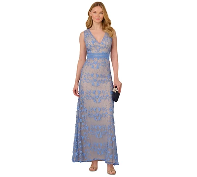 Adrianna Papell Women's Embroidered V-Neck Lace Gown