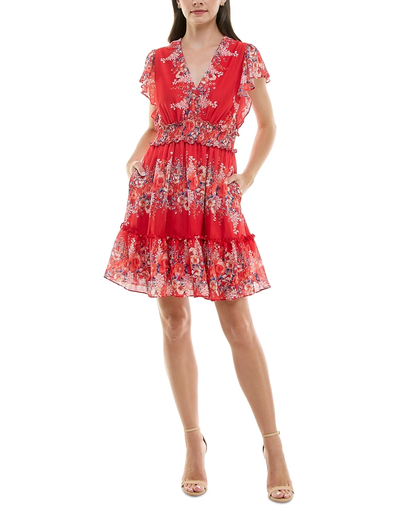 Taylor Petite Printed Flutter-Sleeve Fit & Flare Dress