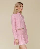 Avec Les Filles Women's Striped Lace-Trimmed Cropped Shirt