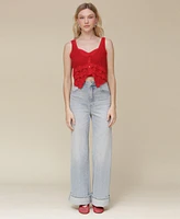 Avec Les Filles Women's Crochet V-Neck Top with Bandeau Underlining