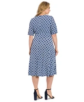 London Times Plus Printed Short-Sleeve Midi Dress