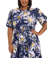 London Times Plus Printed Puff-Sleeve Midi Dress