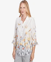 Alfred Dunner Women's Dress Code Button Down Butterfly Floral Top with Necklace