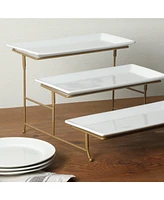 Gibson Home Gracious Dining Dinnerware, 3-Tier Rectangle Plate Serving Set with Gold Metal Stand, White