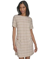 Halston Women's Patch-Pocket Short-Sleeve Tweed Shift Dress