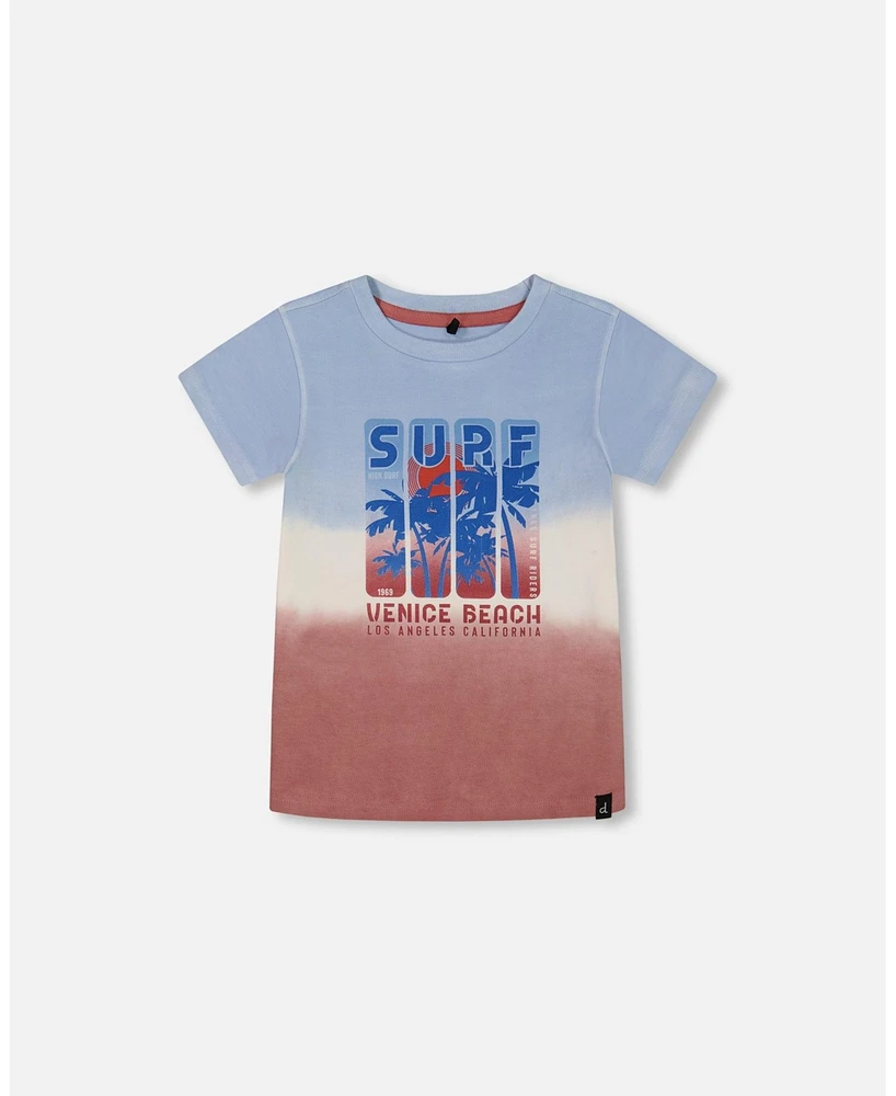 Deux par Big Boys Short Sleeve Cotton Graphic Tee Gradient Pale Blue And Dark Old Rose