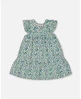 Deux par Big Girls Printed Cotton Dress Small Turquoise Flowers