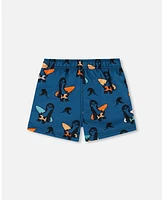 Deux par Boy Printed Swim Trunks Orange Sloths On Navy Blue - Toddler|Child