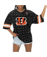 Gameday Couture Women's Black Cincinnati Bengals Kickoff Time Allover Rhinestone Sports Stripe Jersey V-Neck T-Shirt