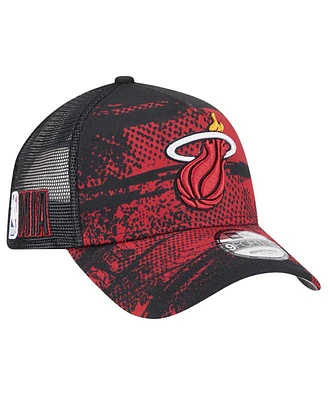 New Era Men's Black/Red Miami Heat Tip Off A-Frame Trucker 9FORTY Adjustable Hat