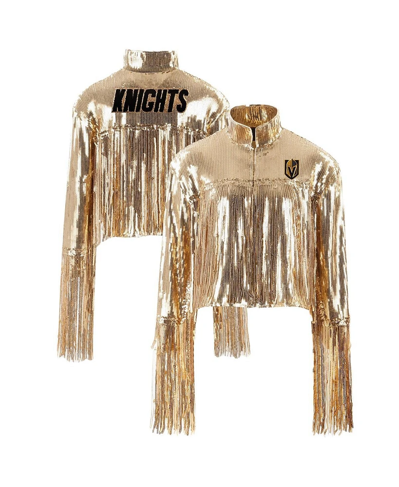 Cuce Women's Gold Vegas Golden Knights Cropped Sequin Fringe Blazer