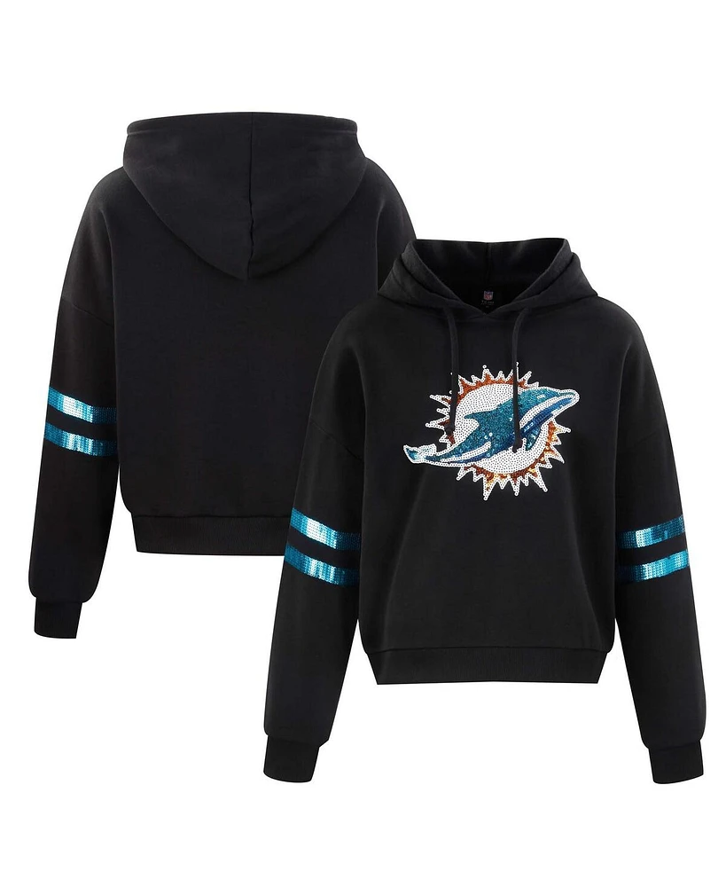 Cuce Women's Black Miami Dolphins Cropped Sequins Pullover Hoodie