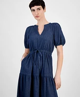Anne Klein Women's Split-Neck Puff-Sleeve Denim Midi Dress
